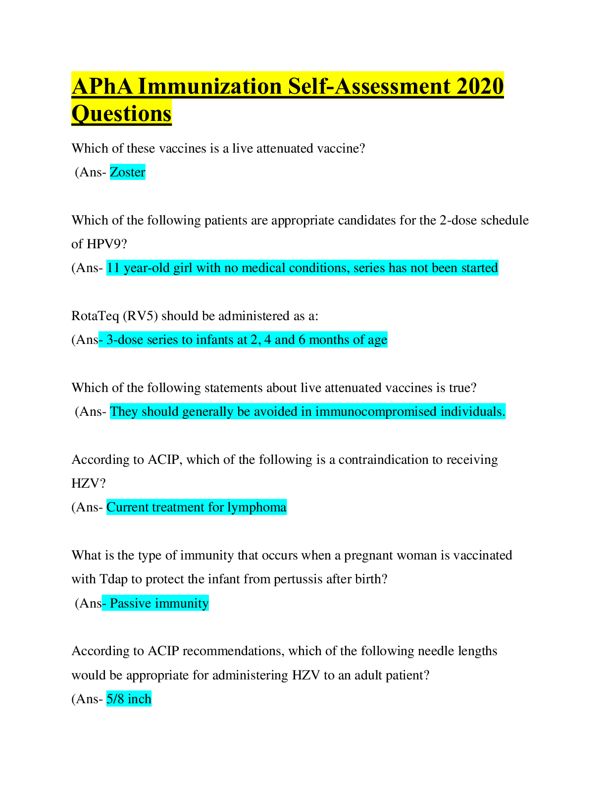 Preview of APhA Immunization Self-Assessment 2020 Questions &Answers; A+ Solution